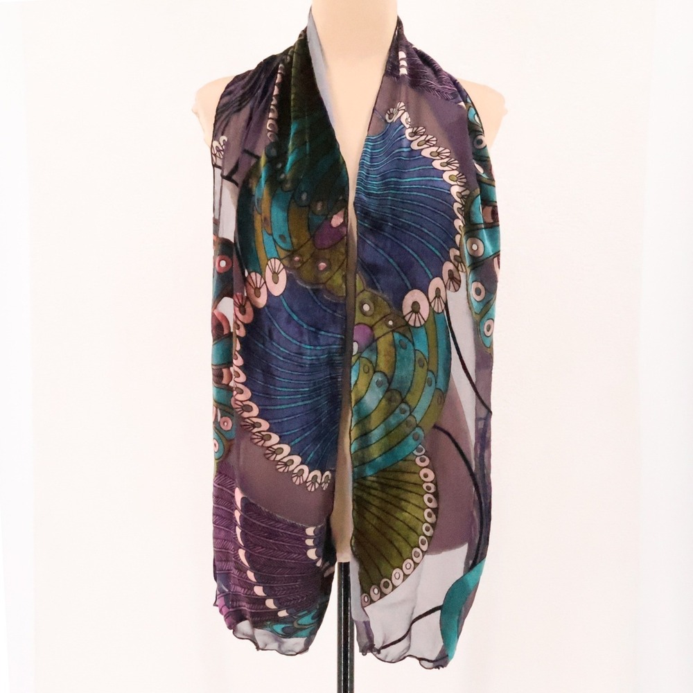 Peacock Velvet Burnoout Scarf Wrap Womens Art Nouveau Artsy Boho Jewel Tone